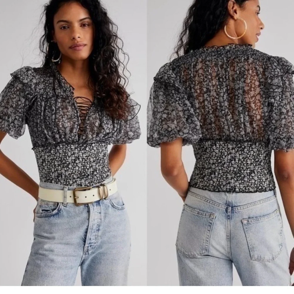 FREE PEOPLE BEATRICE SHEER MESH PUFF SLEEVE FLORAL TOP XL